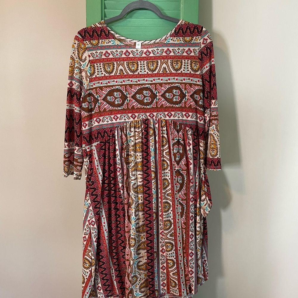 Boho Blue Empire Waist Patterned Bohemian Long sleeve Dress